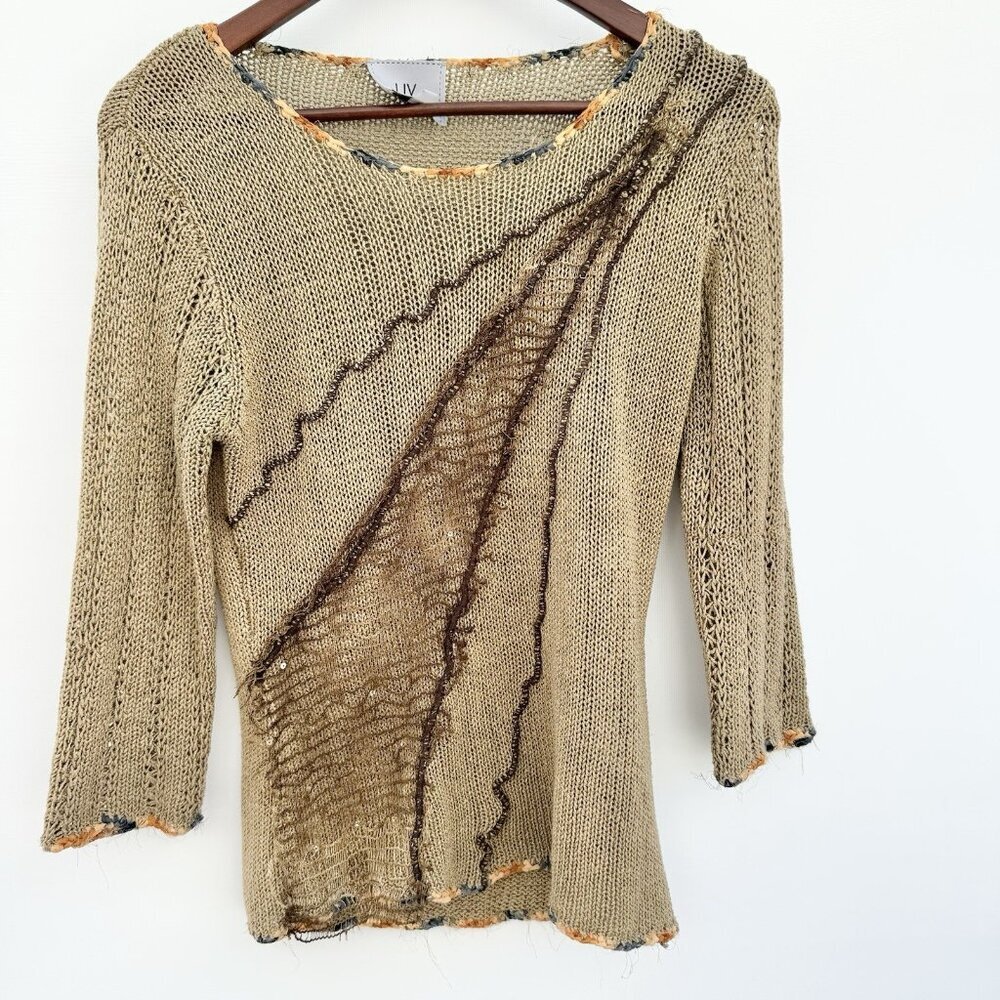 LIV Milano Women’s Boho Beige Sweater With Sequin, Mesh Embellishment Size Large